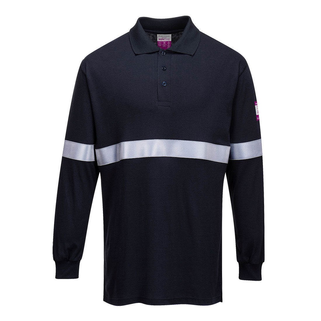 Portwest Flame Resistant Anti-Static Long Sleeve Polo Shirt with Reflective Tape - Navy