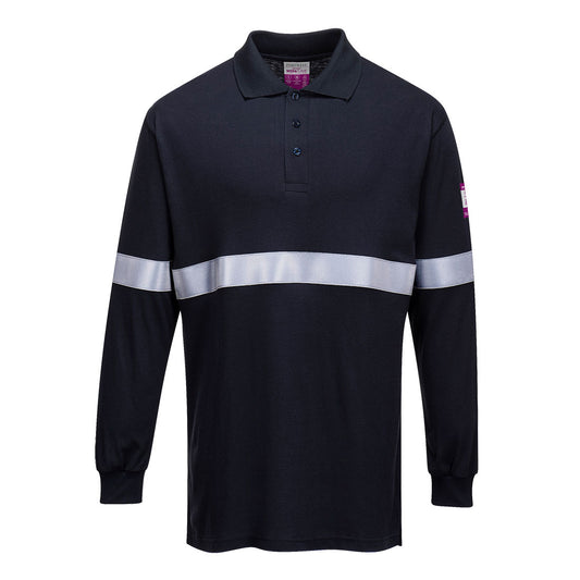 Portwest Flame Resistant Anti-Static Long Sleeve Polo Shirt with Reflective Tape - Navy